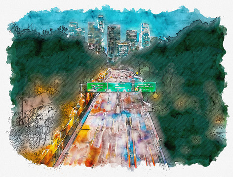 Aerial view of the highway leading to Downtown Los Angeles, CA watercolor painting