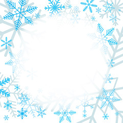 Fototapeta na wymiar Blue snowflakes on white background with blank area for your message. Snowflakes in diffrent shapes. Snow flakes, snow background, winter concept. Christmas invitation card design.