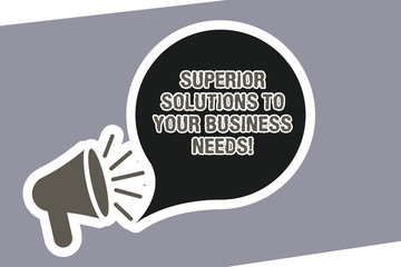 Text sign showing Superior Solutions To Your Business Needs. Conceptual photo Qualified successful ideas Megaphone with Loudness icon and Blank Speech Bubble in Sticker Style