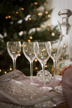 Empty wine glasses at a Christmas party.