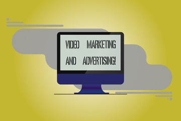 Conceptual hand writing showing Video Marketing And Advertising. Business photo showcasing Promotion campaign optimization strategy Mounted Computer Monitor Blank Screen on Abstract Background