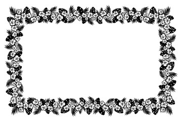 Palm leaves and tropical flowers. Black silhouette frame