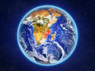 Mozambique from space. Planet Earth with country borders and extremely high detail of planet surface and clouds.