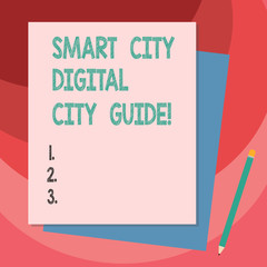 Writing note showing Smart City Digital City Guide. Business photo showcasing Connected technological modern cities Stack of Different Pastel Color Construct Bond Paper Pencil
