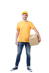 Delivery man with cardboard box on white background
