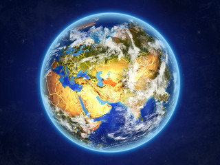 Turkmenistan from space. Planet Earth with country borders and extremely high detail of planet surface and clouds.