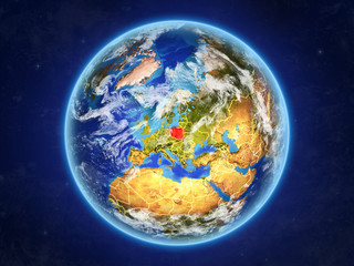 Poland from space. Planet Earth with country borders and extremely high detail of planet surface and clouds.