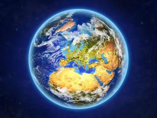 Slovenia from space. Planet Earth with country borders and extremely high detail of planet surface and clouds.