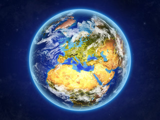 Montenegro from space. Planet Earth with country borders and extremely high detail of planet surface and clouds.