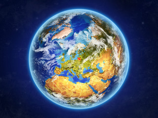 Lithuania from space. Planet Earth with country borders and extremely high detail of planet surface and clouds.