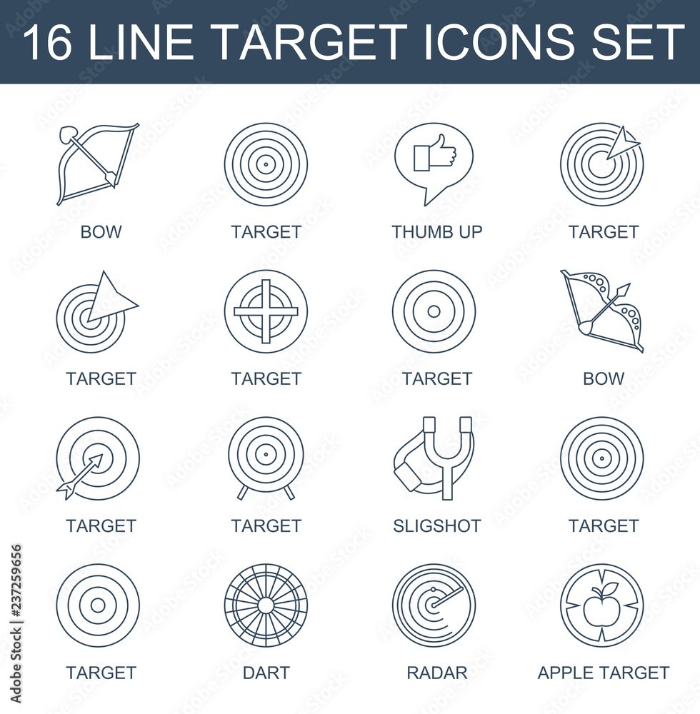 Poster target icons. set of 16 line target icons included bow, thumb up, sligshot, dart, radar, apple targe