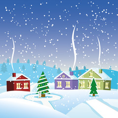 New Year Winter Village in the evening with snow, a New Year tree