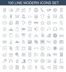 modern icons. Set of 100 line modern icons included camera, laptop, volume, international delivery on white background. Editable modern icons for web, mobile and infographics.