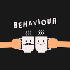 Conceptual hand writing showing Behaviour. Business photo showcasing way in which one acts conducts oneself especially towards others Hu analysis hand Holding Male Female His and Hers Mugs icon