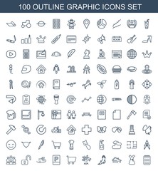 graphic icons. Set of 100 outline graphic icons included notebook, dress, house building, eagle on white background. Editable graphic icons for web, mobile and infographics.