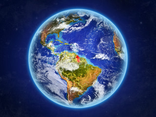 Guyana from space. Planet Earth with country borders and extremely high detail of planet surface and clouds.
