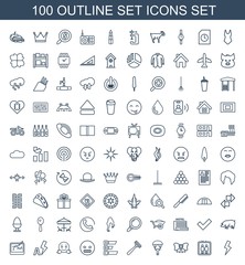 set icons. Set of 100 outline set icons included flash, elevator, bow, man with parachute, razor, statistic on white background. Editable set icons for web, mobile and infographics.