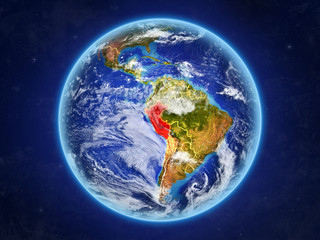 Peru from space. Planet Earth with country borders and extremely high detail of planet surface and clouds.
