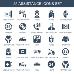 assistance icons. Set of 25 filled assistance icons included medical cross, hours support, nurse on white background. Editable assistance icons for web, mobile and infographics.