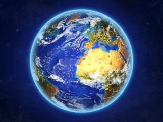 Western Sahara from space. Planet Earth with country borders and extremely high detail of planet surface and clouds.
