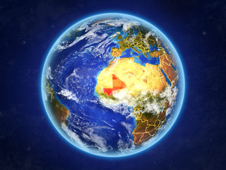 Mali from space. Planet Earth with country borders and extremely high detail of planet surface and clouds.
