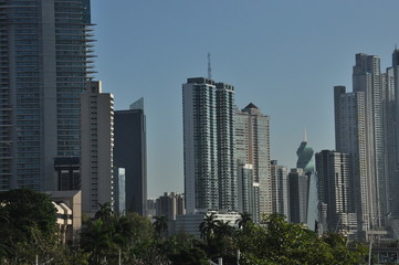 Panama city with high skyscrapers and port on the Pacific coast