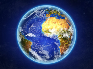Liberia from space. Planet Earth with country borders and extremely high detail of planet surface and clouds.