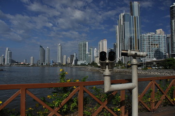 Panama city with high skyscrapers and port on the Pacific coast