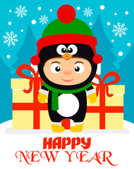 Happy New Year  background with child in costume penguin