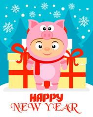 Happy New Year  background with child in costume pig