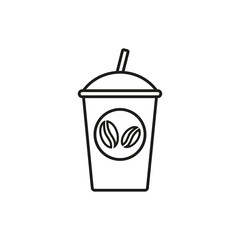 Take-out or takeaway coffee cup with straw line icon. Coffee cardboard container or disposable glass with coffee beans logo. Vector illustration.