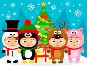 Obraz na płótnie Canvas New Year vector illustration with Christmas tree and kids in New Year costume.Vector illustration