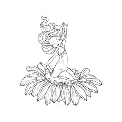 Coloring book: Thumbelina, faity tale character sitting on the flower