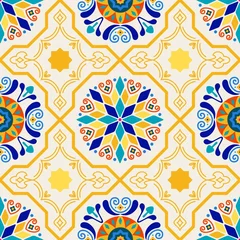 Papier Peint photo Tuiles marocaines Seamless Vector Mauresque Moderne Géométrique Espagnol Marocain Carreaux De Sol En Céramique Formes En Jaune Beurre &amp  Bleu Royal