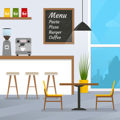 Cafe or restaurant interior design with coffee shop, bar counter and window. Vector illustration.