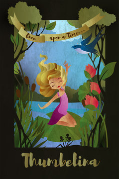 Thumbelina, faity tale character sitting on the water lily leaf.  Book cover template. Vector illustration.
