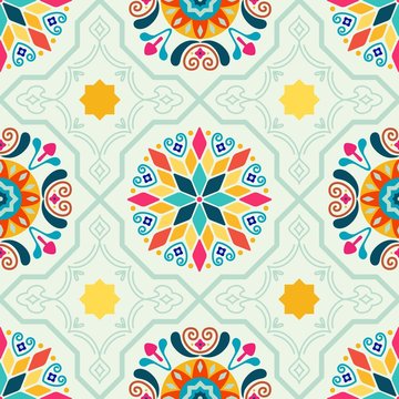 Seamless Vector Modern Moorish Geometric Spanish Moroccan Ceramic Floor Tile Shapes in Mint Green, Pink, Orange, Yellow