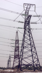  high-voltage  power lines at clouds and pine forest.