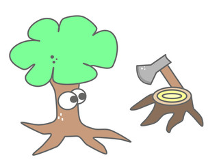 Tree with axe comic cartoon