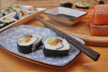 Sushi. Delicious meal with fish, rice and supplements, prepared at home.