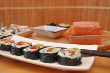Sushi. Delicious meal with fish, rice and supplements, prepared at home.