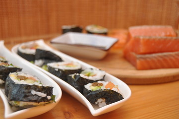 Sushi. Delicious meal with fish, rice and supplements, prepared at home.