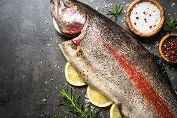 Raw salmon fish whole with ingredients for cookings on black.