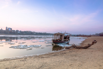 Warsaw, Poland, Turistic boat, docked at bank of Vistula river
