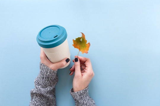 Hands in long sleeve knitted sweater, holding bamboo reusable cup and autumn leaf, overhead on blue background.