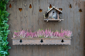 Wood Slates with bird feeder, lavender in a flower box, and garland - Holiday Card