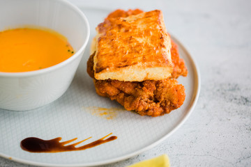 Butternut Squash Soup and Fried Chicken Biscuit 
