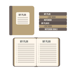 My plan New Year 2019. Flat notebook, book cover closed and open with list. Vector isolates on white background. Serious business palette