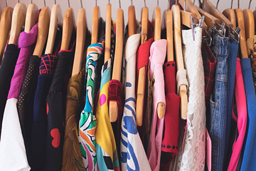 Close up of vintage clothing on a store rack