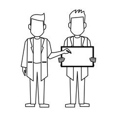 Doctors with blank sign black and white